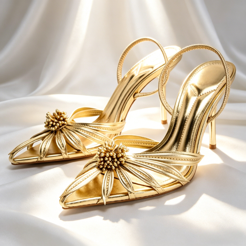 Dress Shoe Pointed - Luxury Gold Floral Detail Slingback Heels